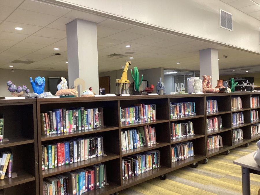 Some of the kids sculptures inside the media center.