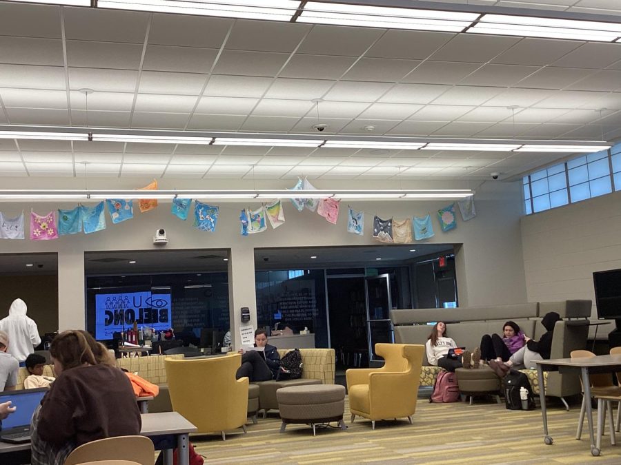 Tapestries hanging in the media center from the fabric arts class.