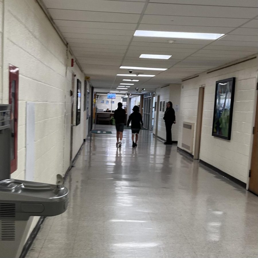 Students traveling the hallway and passing the hall monitor.