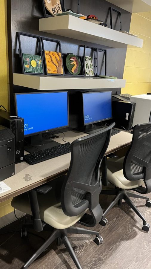 The computers in the media center are used to complete any work needed to be done, and print papers from the printer right next to them.