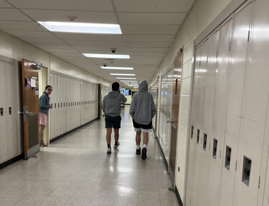 Students walking to the cafeteria during class.