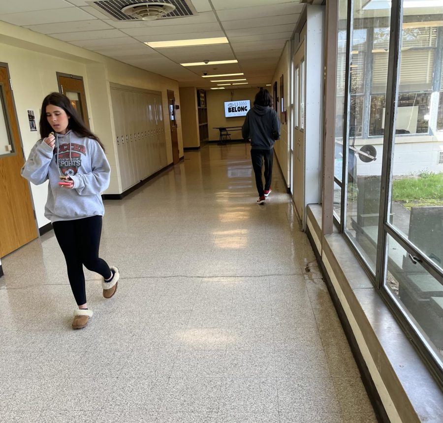 Students walking back to class by the library.