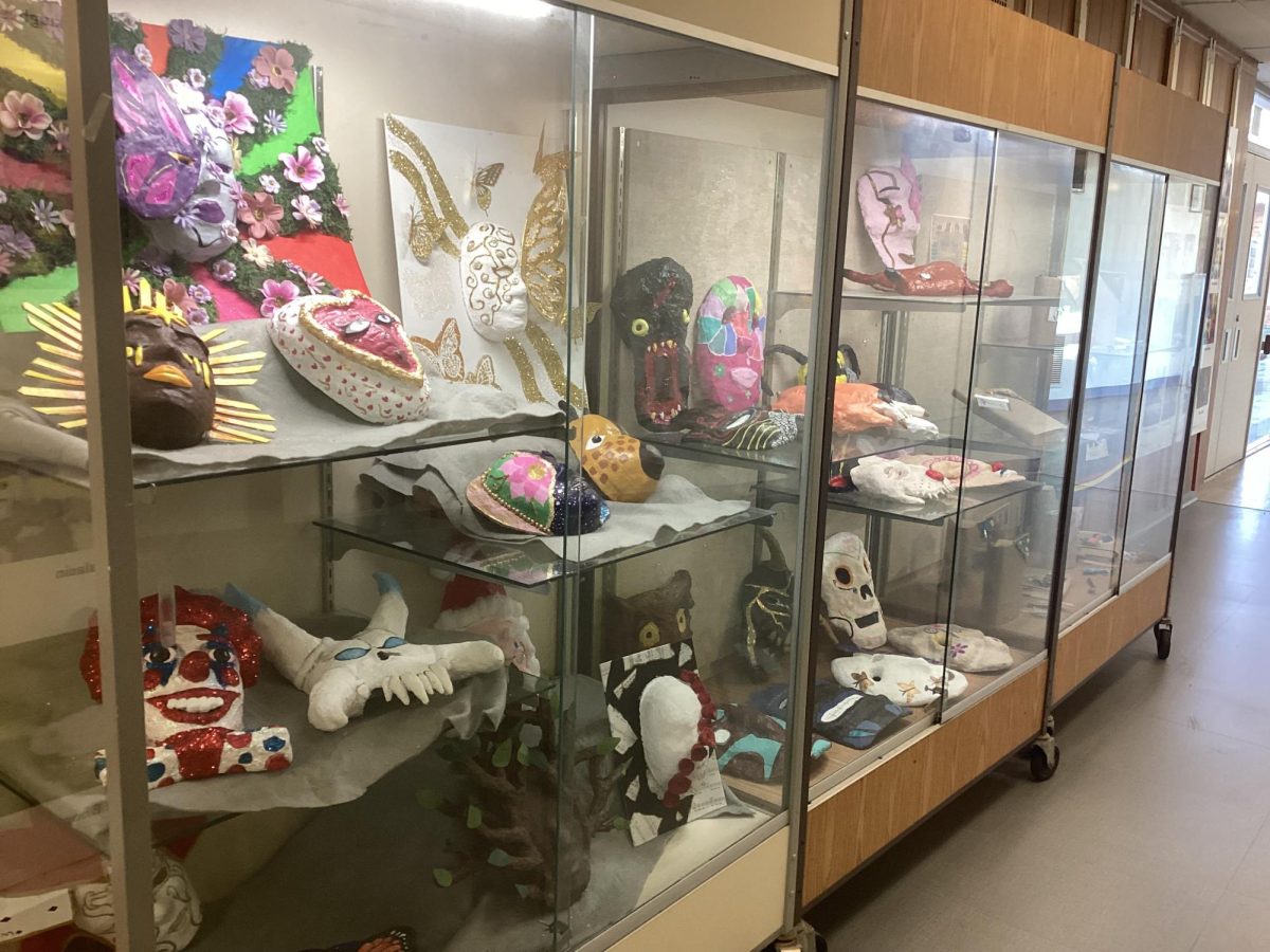 Art projects done by the sculpture class on display.