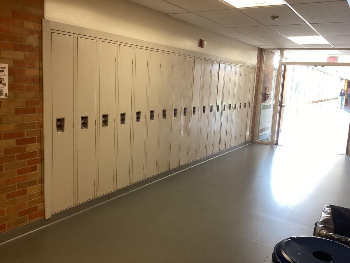 Lockers right before the glass hallway that leads to the music wing.