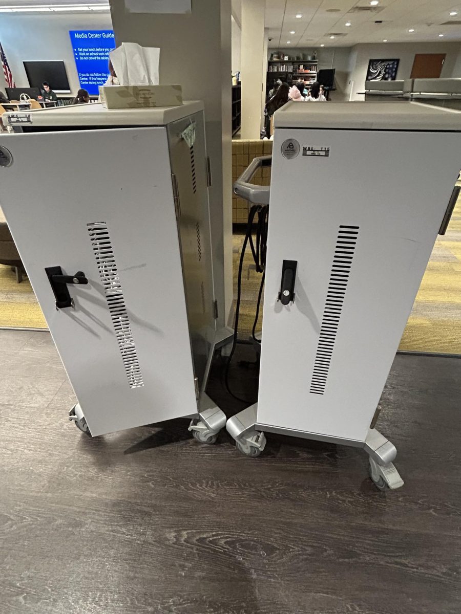 The iPad cart where students can charge their dead iPads in exchange for laptops