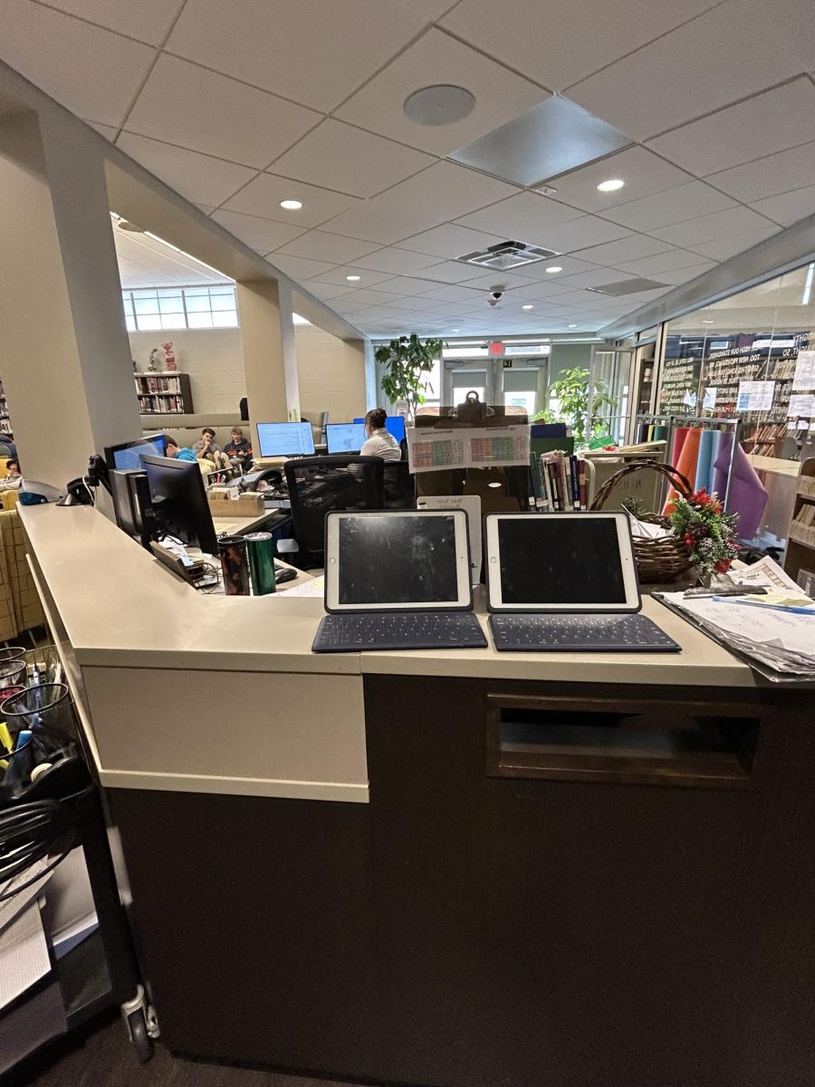 The librarians’ stand which also includes iPads to sign in and out