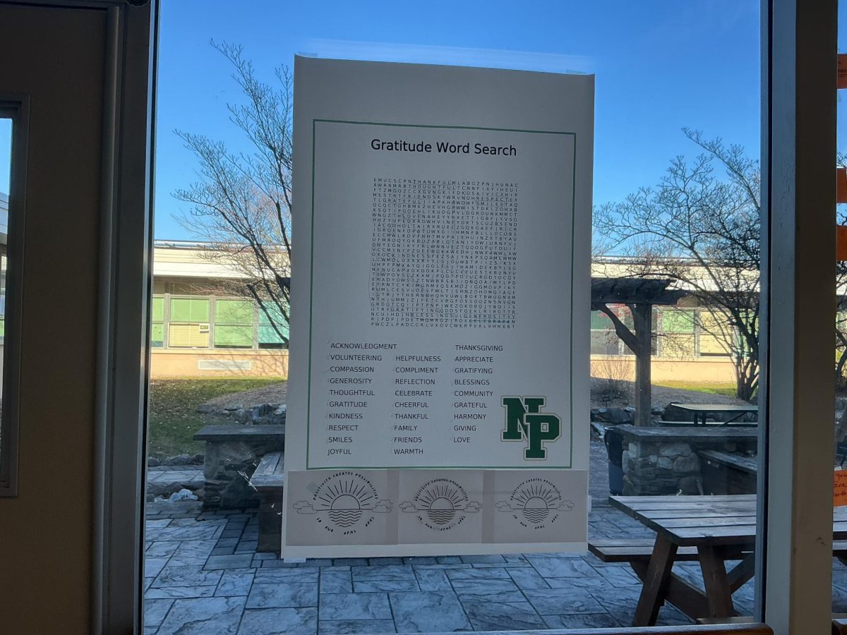 A gratitude word search on the window to bring positivity to the school. 
