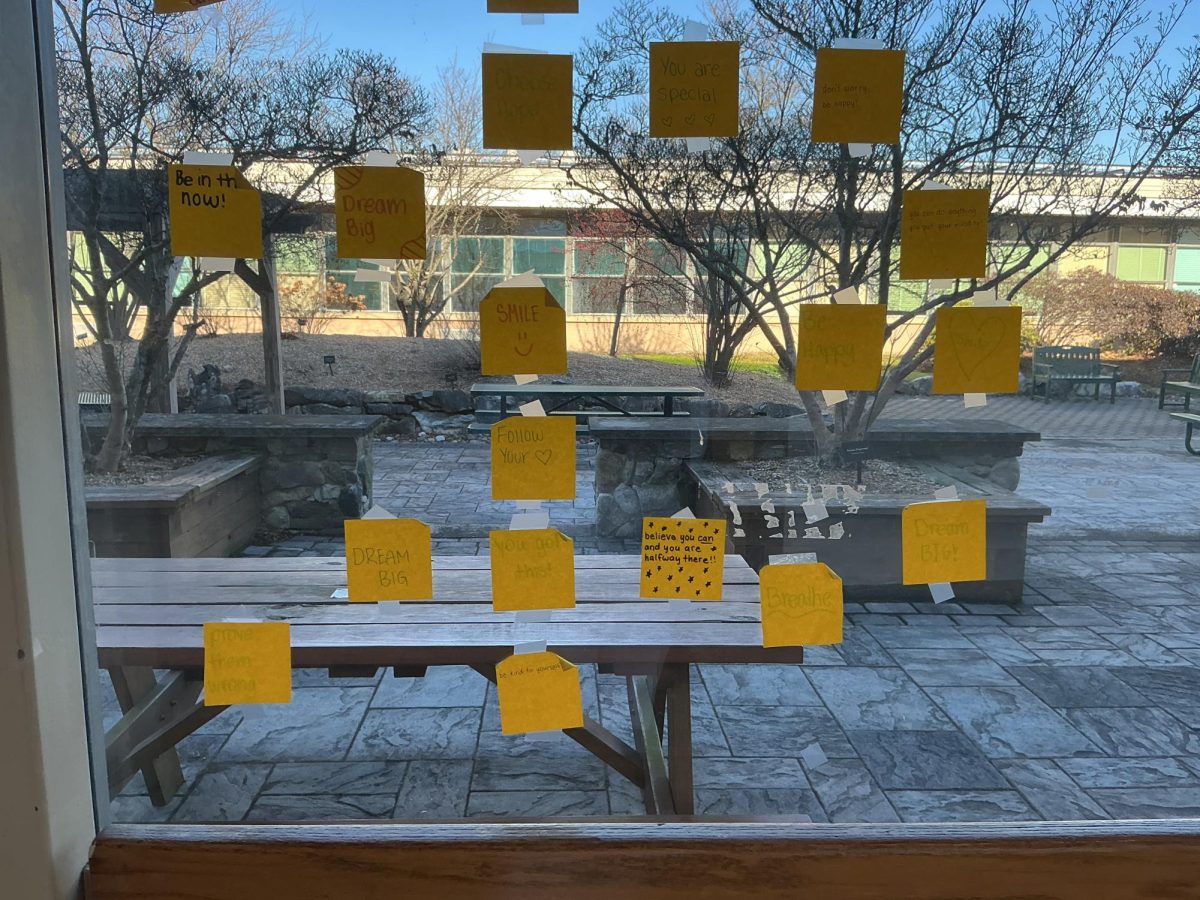 A few post it notes on the window that have powerful words on them.